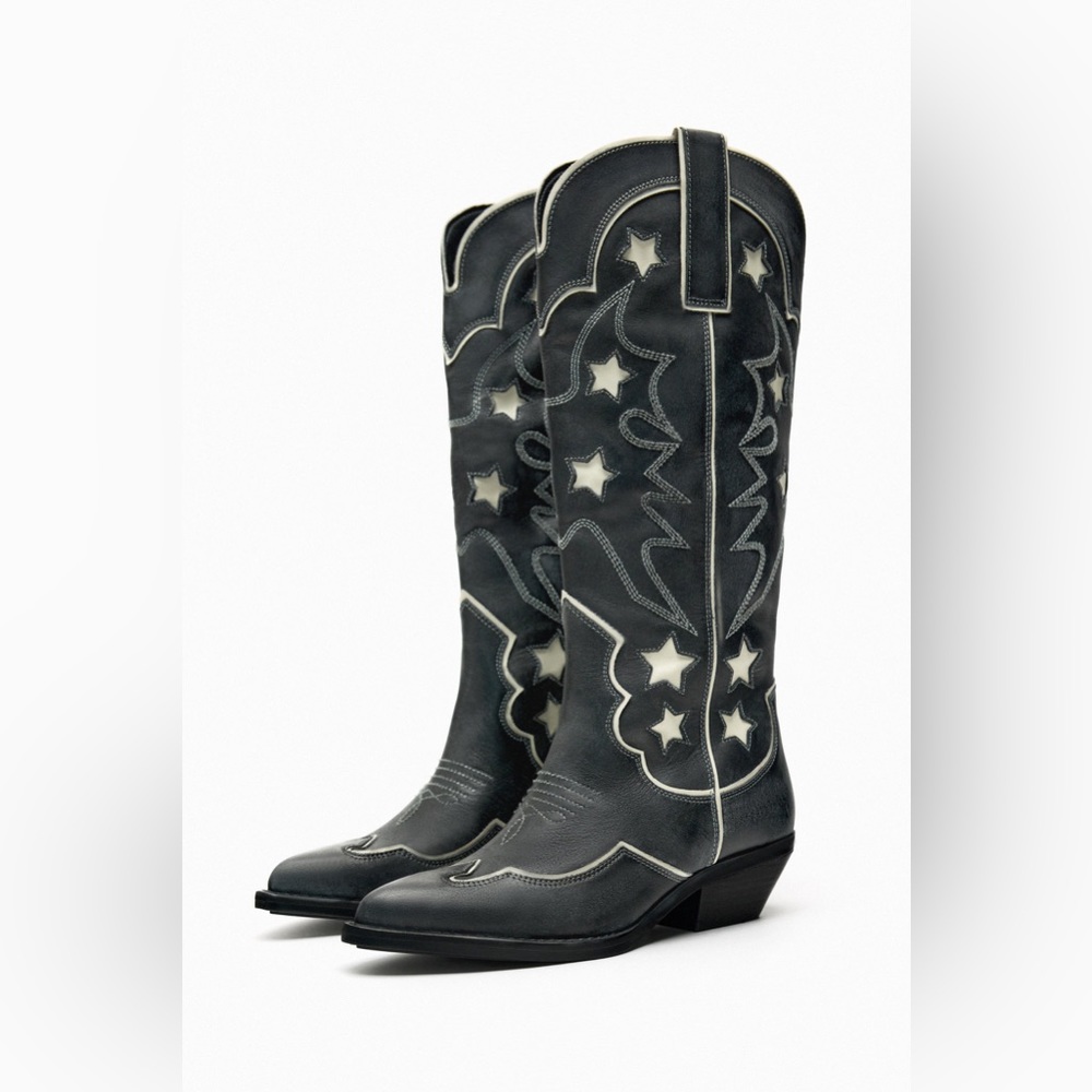 Zara cowboy boots leather western star southwestern cowgirl - Picture 2 of 12
